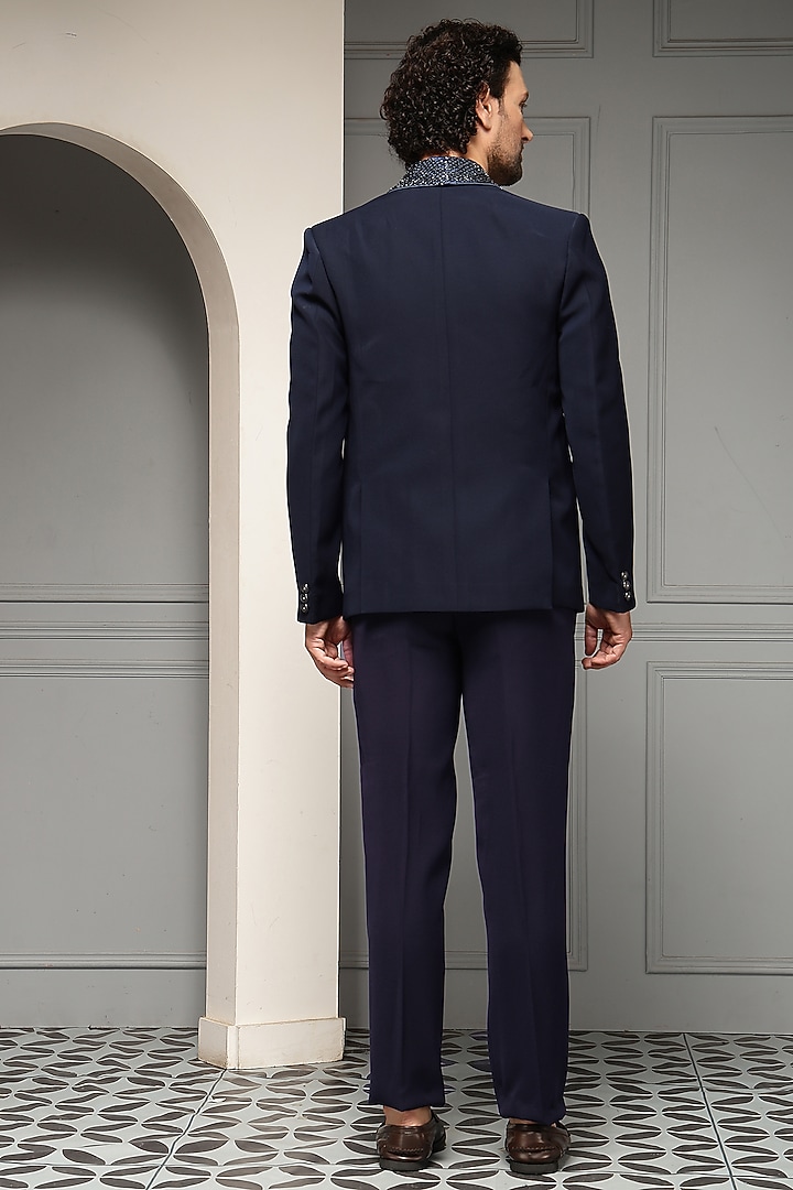 Navy Blue Suiting Fabric Embellished Wedding Bandhgala Set by Soniya G Men at Pernia's Pop Up Shop
