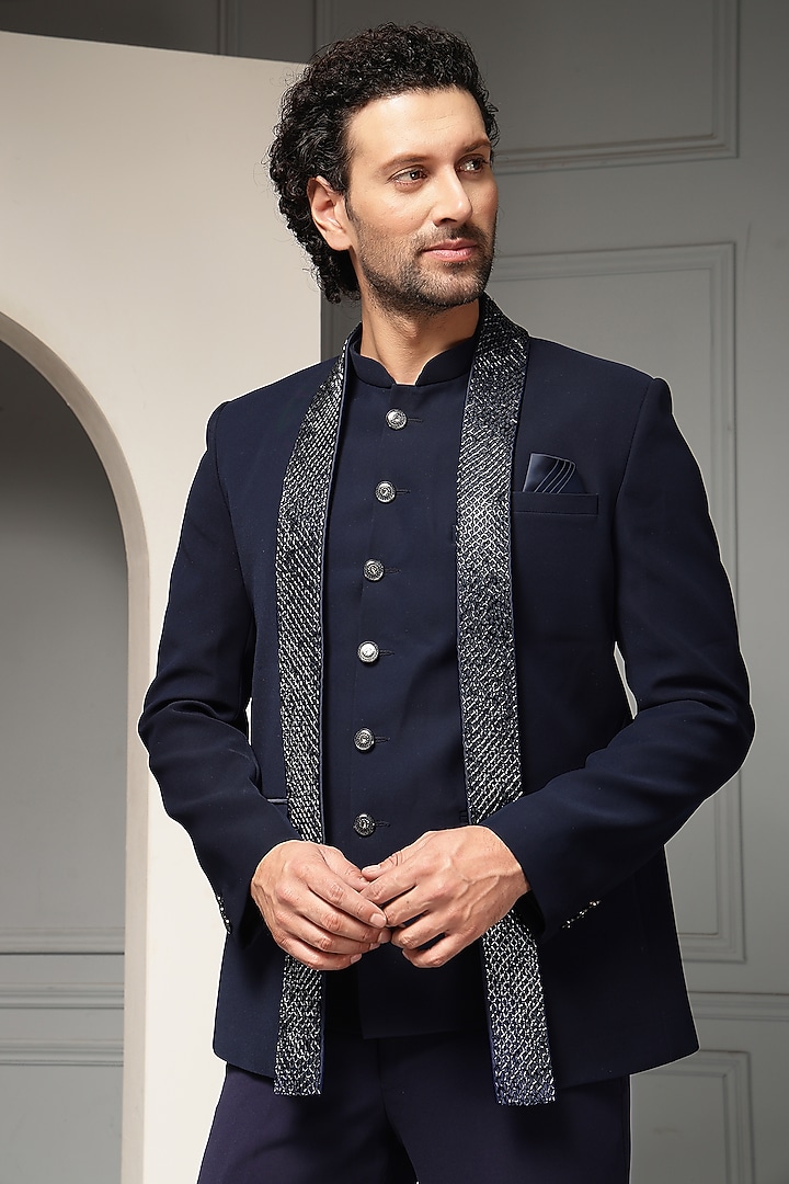 Navy Blue Suiting Fabric Embellished Wedding Bandhgala Set by Soniya G Men at Pernia's Pop Up Shop