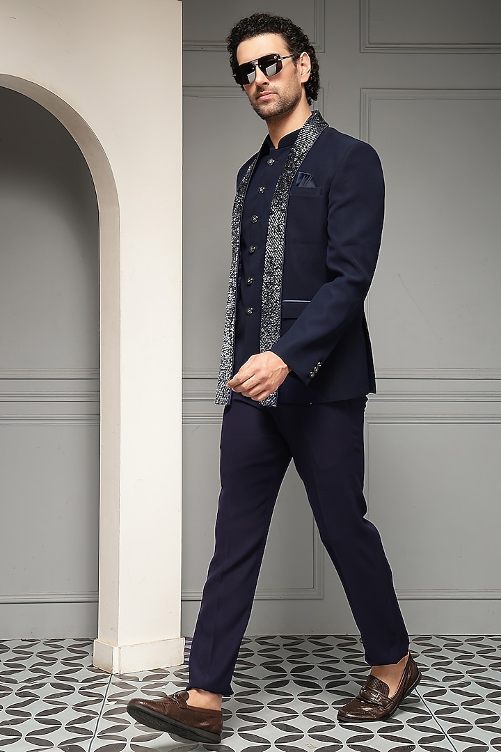 Navy Blue Suiting Fabric Embellished Wedding Bandhgala Set by Soniya G Men at Pernia's Pop Up Shop