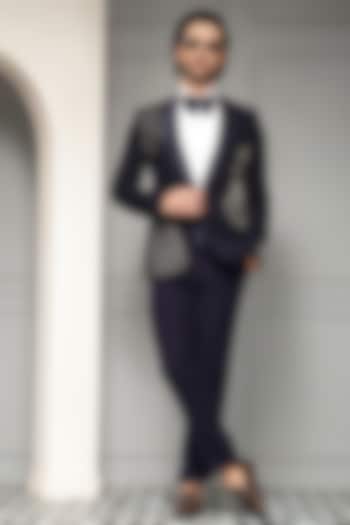 Midnight Blue Suiting Fabric Metallic Embellished Tuxedo Set by Soniya G Men at Pernia's Pop Up Shop