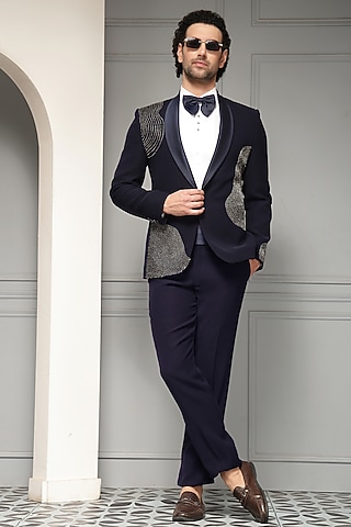 Midnight Blue Suiting Fabric Metallic Embellished Tuxedo Set by Soniya G Men