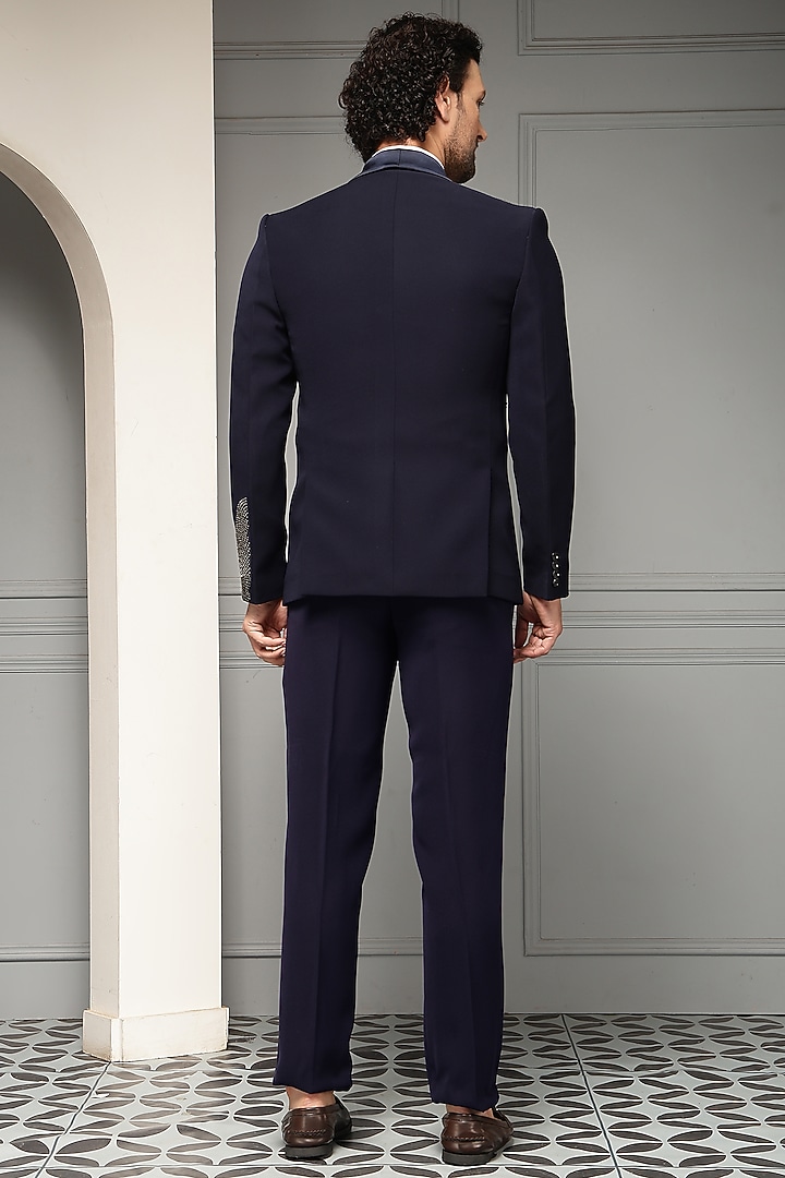 Midnight Blue Suiting Fabric Metallic Embellished Tuxedo Set by Soniya G Men at Pernia's Pop Up Shop