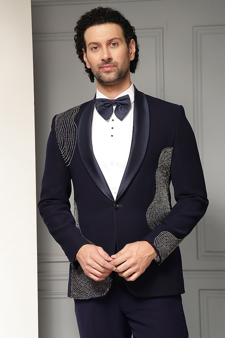 Midnight Blue Suiting Fabric Metallic Embellished Tuxedo Set by Soniya G Men at Pernia's Pop Up Shop