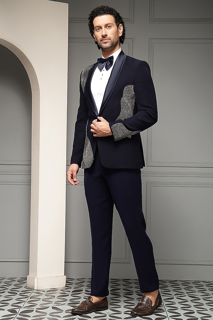 Midnight Blue Suiting Fabric Metallic Embellished Tuxedo Set by Soniya G Men at Pernia's Pop Up Shop