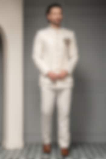 Ivory Jacquard Suiting Fabric Wedding Bandhgala Set by Soniya G Men at Pernia's Pop Up Shop