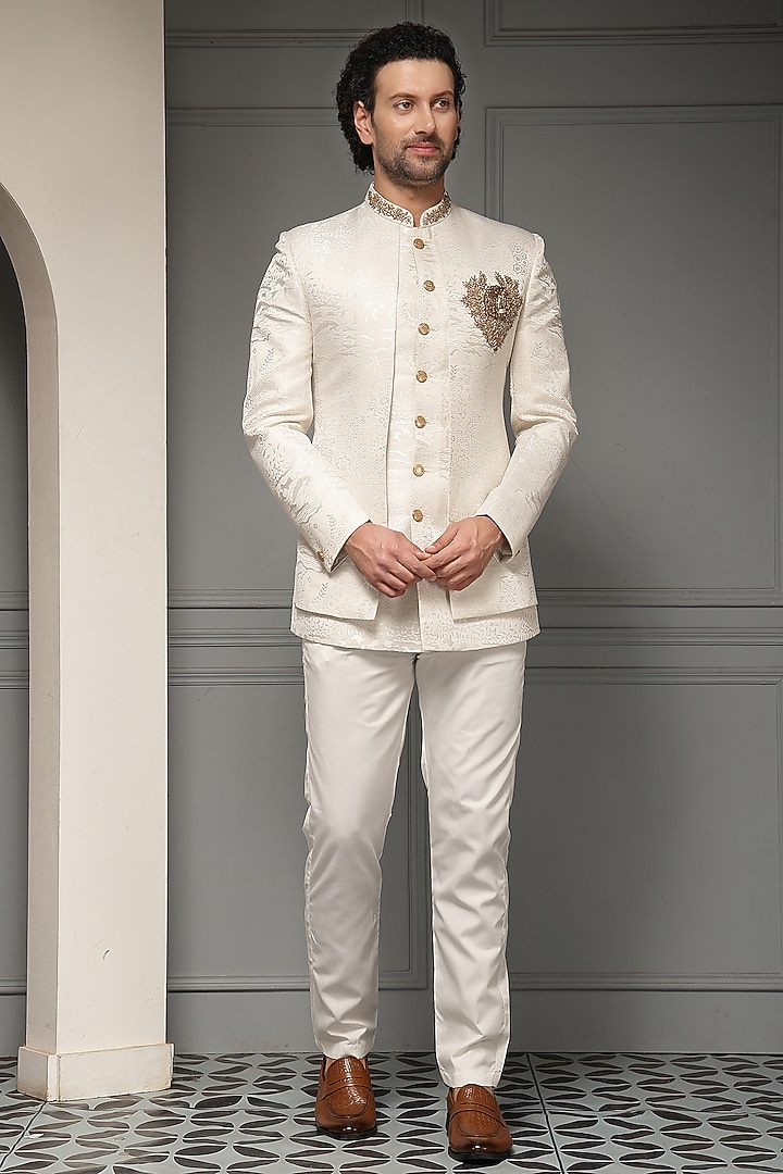 Ivory Jacquard Suiting Fabric Wedding Bandhgala Set by Soniya G Men at Pernia's Pop Up Shop