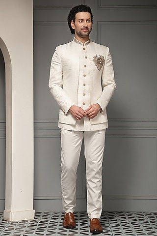 Ivory Jacquard Suiting Fabric Bandhgala Set by Soniya G Men