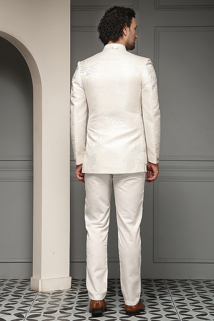 Ivory Jacquard Suiting Fabric Wedding Bandhgala Set by Soniya G Men at Pernia's Pop Up Shop