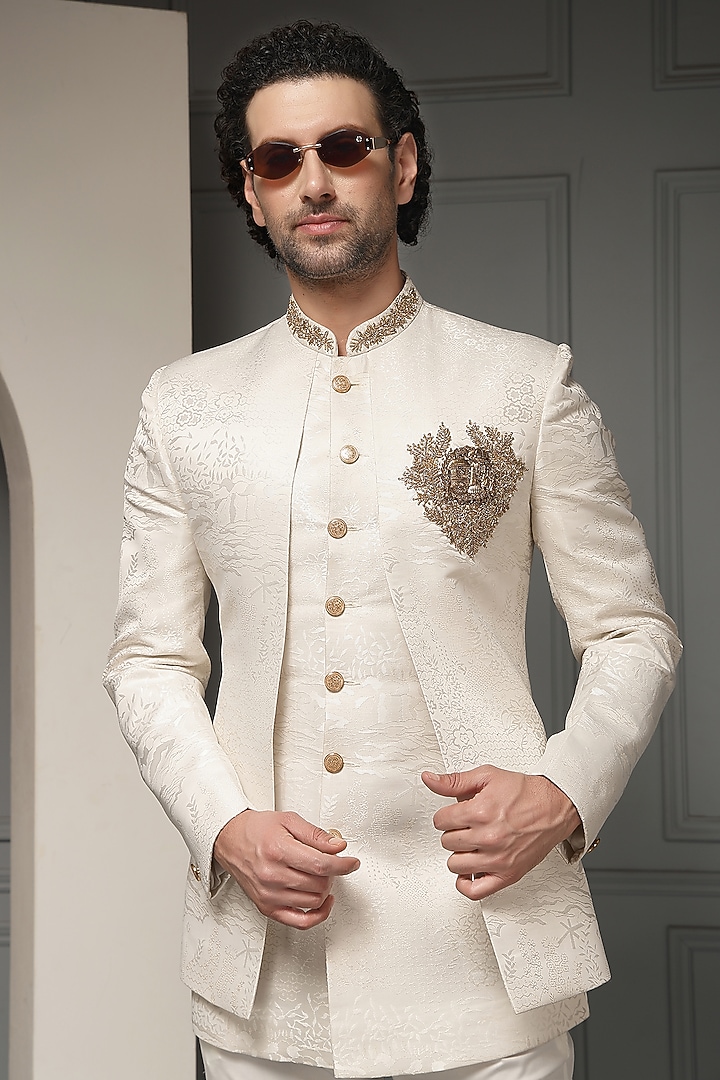 Ivory Jacquard Suiting Fabric Wedding Bandhgala Set by Soniya G Men at Pernia's Pop Up Shop