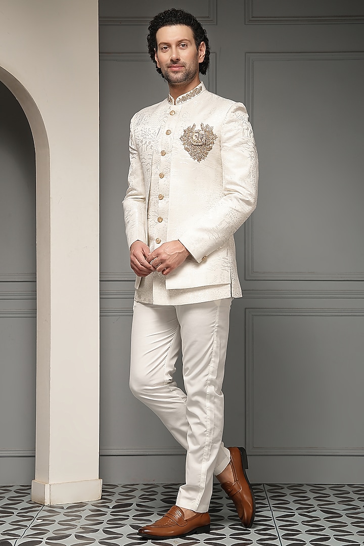 Ivory Jacquard Suiting Fabric Wedding Bandhgala Set by Soniya G Men at Pernia's Pop Up Shop