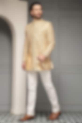 Antique Gold Silk Jacquard Wedding Bandhgala Set by Soniya G Men at Pernia's Pop Up Shop