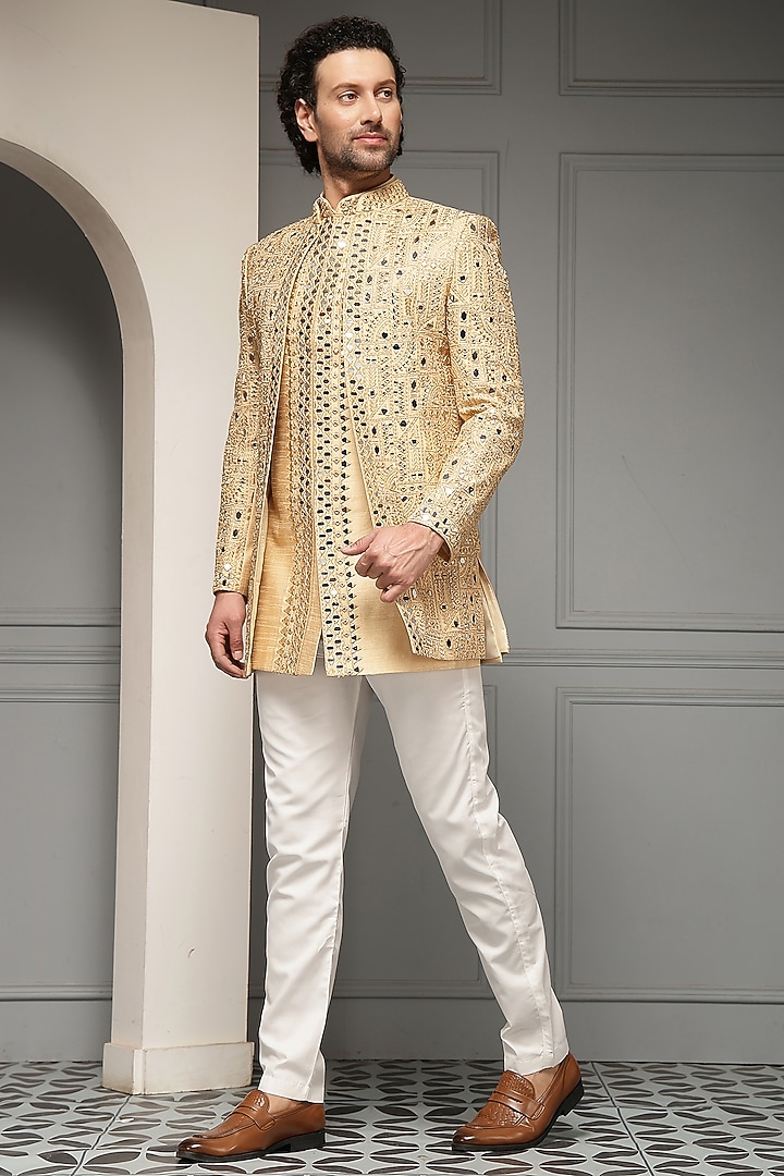 Antique Gold Silk Jacquard Wedding Bandhgala Set by Soniya G Men at Pernia's Pop Up Shop