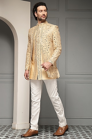 Antique Gold Silk Jacquard Bandhgala Set by Soniya G Men