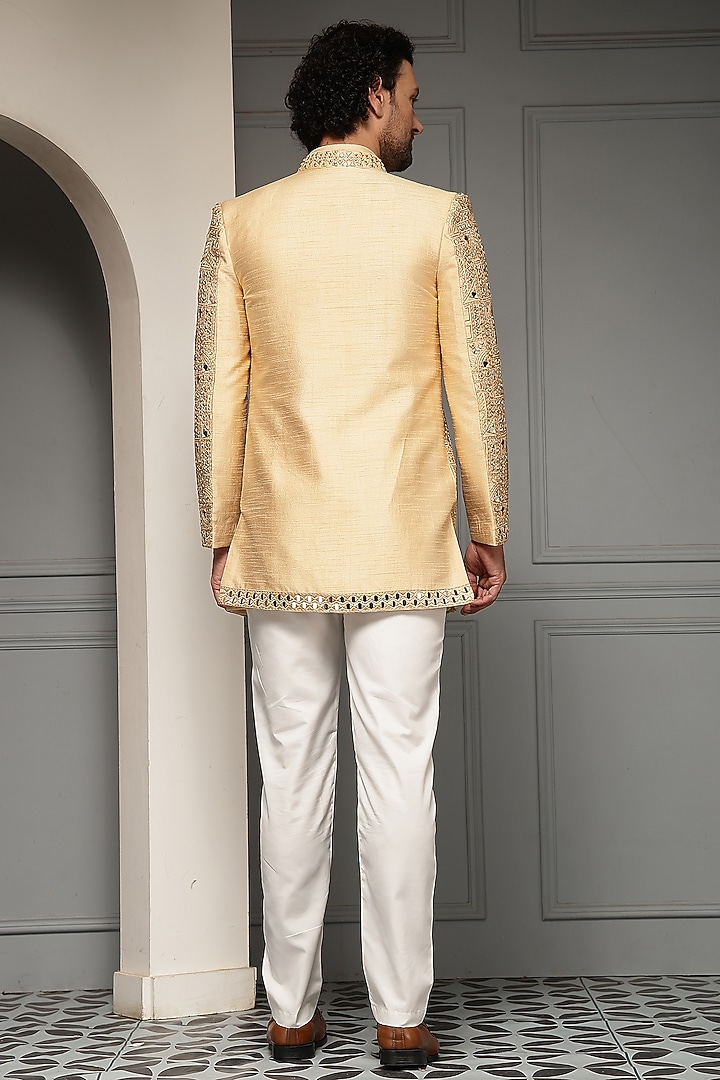 Antique Gold Silk Jacquard Wedding Bandhgala Set by Soniya G Men at Pernia's Pop Up Shop