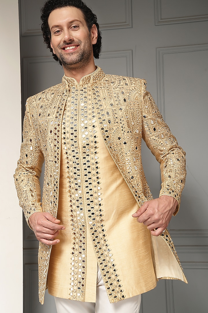 Antique Gold Silk Jacquard Wedding Bandhgala Set by Soniya G Men at Pernia's Pop Up Shop