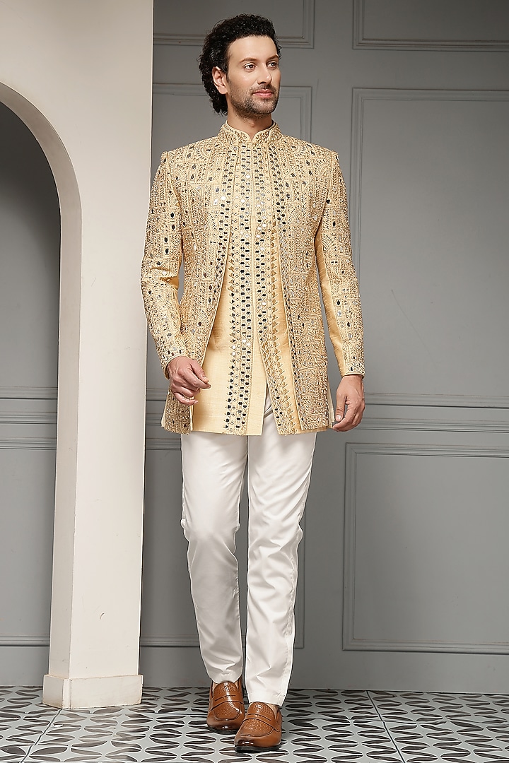 Antique Gold Silk Jacquard Wedding Bandhgala Set by Soniya G Men at Pernia's Pop Up Shop