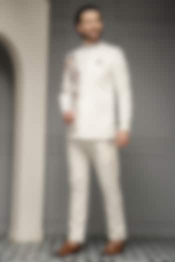 Ivory Silk Jacquard Floral Embroidered Wedding Bandhgala Set by Soniya G Men at Pernia's Pop Up Shop