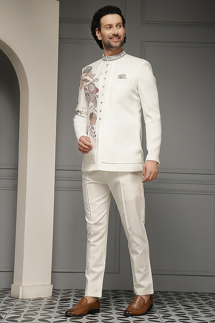 Ivory Silk Jacquard Floral Embroidered Wedding Bandhgala Set by Soniya G Men at Pernia's Pop Up Shop