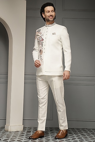 Ivory Silk Jacquard Floral Embroidered Bandhgala Set by Soniya G Men