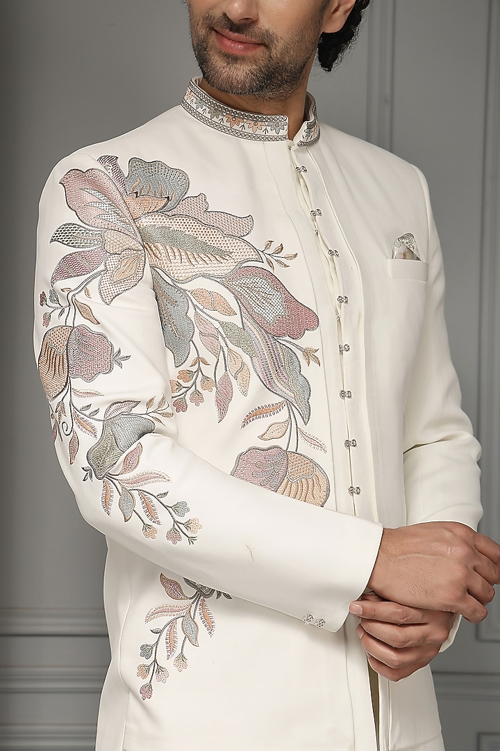 Ivory Silk Jacquard Floral Embroidered Wedding Bandhgala Set by Soniya G Men at Pernia's Pop Up Shop