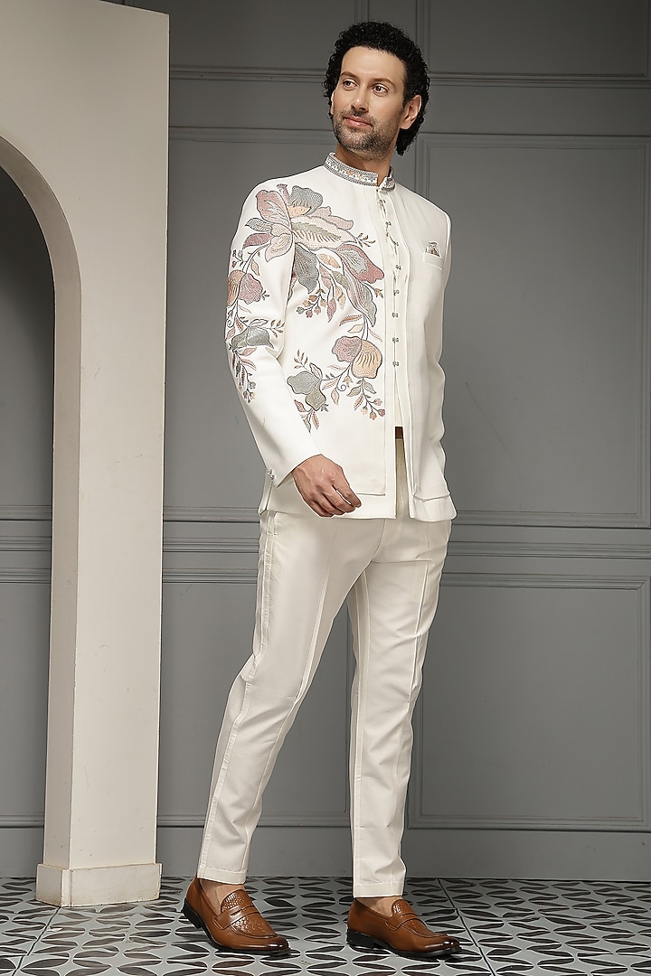 Ivory Silk Jacquard Floral Embroidered Wedding Bandhgala Set by Soniya G Men at Pernia's Pop Up Shop
