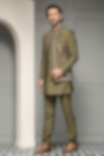 Olive Green Silk Blend Suiting Fabric Embroidered Wedding Bandhgala Set by Soniya G Men at Pernia's Pop Up Shop