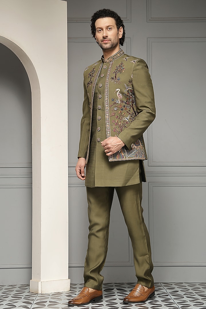 Olive Green Silk Blend Suiting Fabric Embroidered Wedding Bandhgala Set by Soniya G Men at Pernia's Pop Up Shop