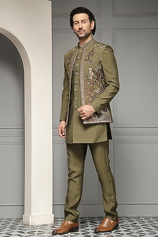 Olive Green Silk Blend Suiting Fabric Embroidered Bandhgala Set by Soniya G Men
