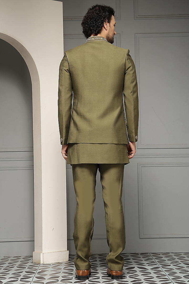 Olive Green Silk Blend Suiting Fabric Embroidered Wedding Bandhgala Set by Soniya G Men at Pernia's Pop Up Shop