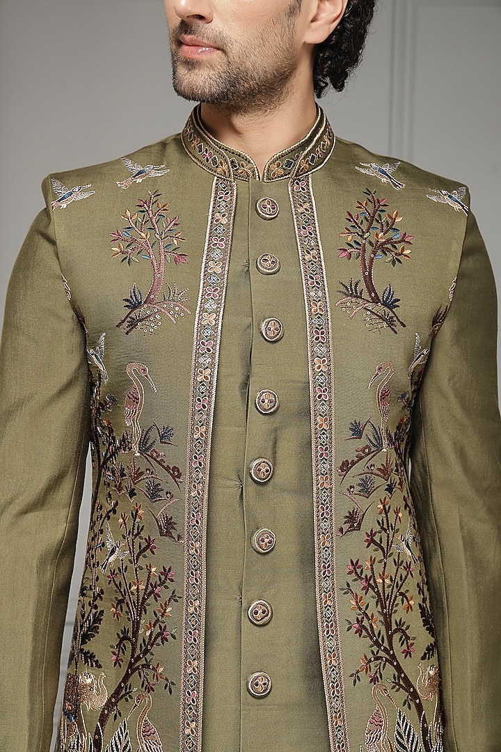 Olive Green Silk Blend Suiting Fabric Embroidered Wedding Bandhgala Set by Soniya G Men at Pernia's Pop Up Shop