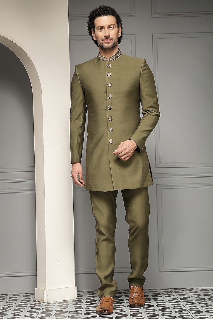 Olive Green Silk Blend Suiting Fabric Embroidered Wedding Bandhgala Set by Soniya G Men at Pernia's Pop Up Shop