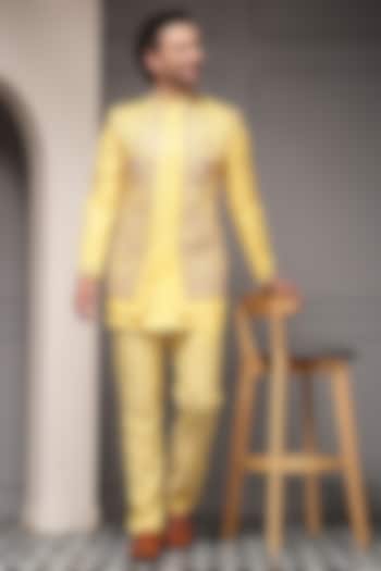 Sunshine Yellow Silk Blend Jacquard Fabric Embroidered Wedding Bandhgala Set by Soniya G Men at Pernia's Pop Up Shop