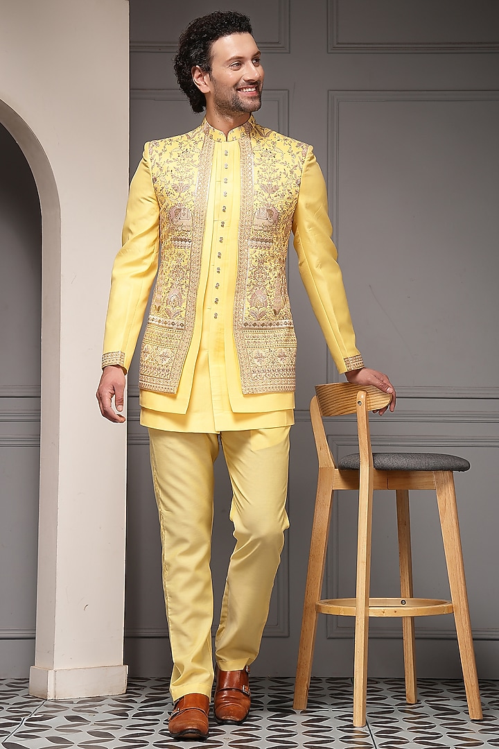 Sunshine Yellow Silk Blend Jacquard Fabric Embroidered Wedding Bandhgala Set by Soniya G Men at Pernia's Pop Up Shop