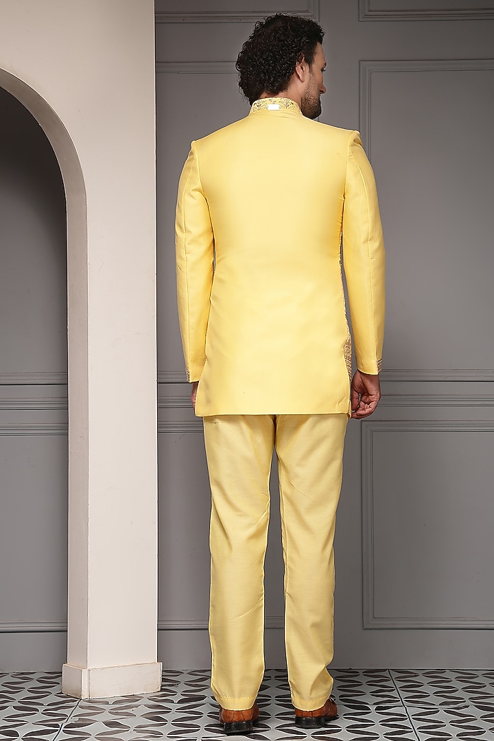 Sunshine Yellow Silk Blend Jacquard Fabric Embroidered Wedding Bandhgala Set by Soniya G Men at Pernia's Pop Up Shop