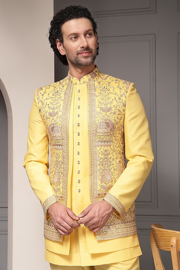 Sunshine Yellow Silk Blend Jacquard Fabric Embroidered Wedding Bandhgala Set by Soniya G Men at Pernia's Pop Up Shop