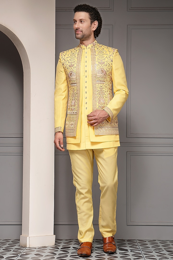Sunshine Yellow Silk Blend Jacquard Fabric Embroidered Wedding Bandhgala Set by Soniya G Men at Pernia's Pop Up Shop