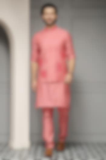 Coral Pink Linen Silk Blend Embroidered Nehru Jacket Set by Soniya G Men at Pernia's Pop Up Shop