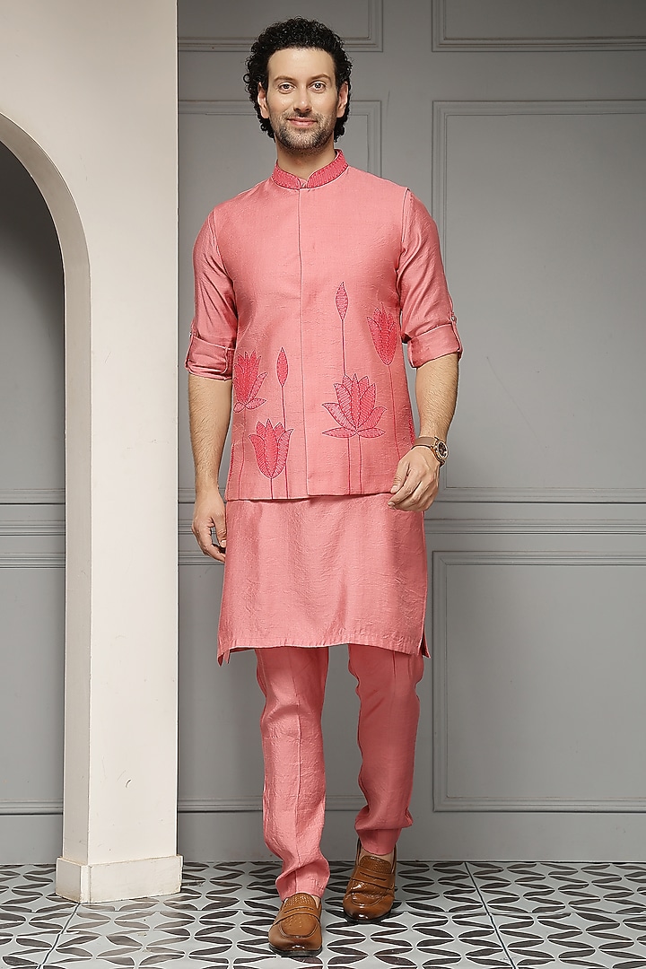 Coral Pink Linen Silk Blend Embroidered Nehru Jacket Set by Soniya G Men at Pernia's Pop Up Shop