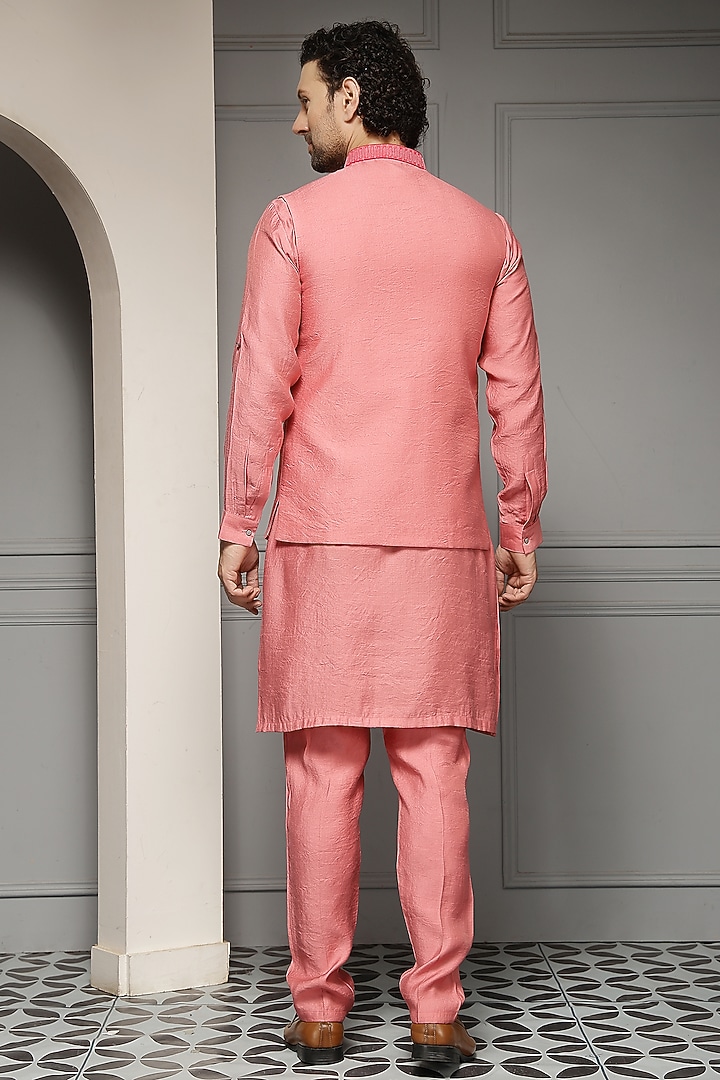 Coral Pink Linen Silk Blend Embroidered Nehru Jacket Set by Soniya G Men at Pernia's Pop Up Shop