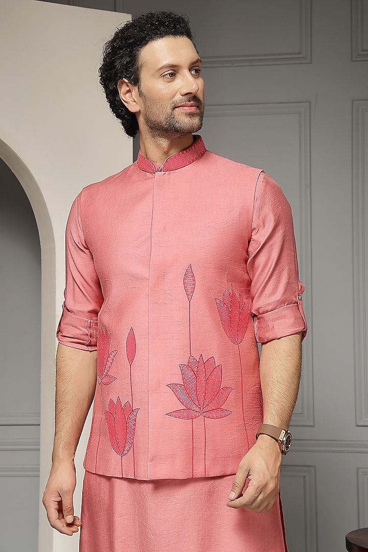 Coral Pink Linen Silk Blend Embroidered Nehru Jacket Set by Soniya G Men at Pernia's Pop Up Shop