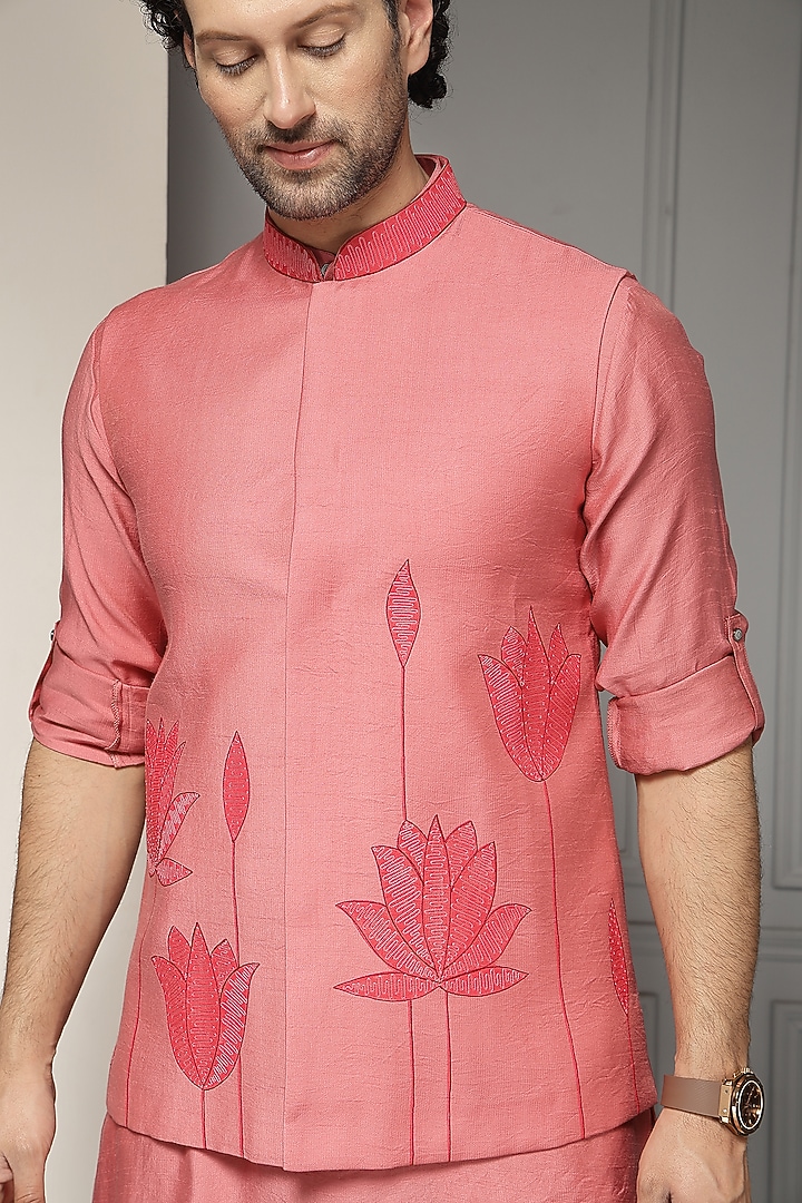 Coral Pink Linen Silk Blend Embroidered Nehru Jacket Set by Soniya G Men at Pernia's Pop Up Shop