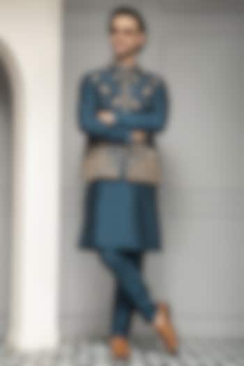 Deep Teal Silk Blend Embroidered Nehru Jacket Set by Soniya G Men at Pernia's Pop Up Shop