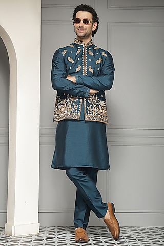 Deep Teal Silk Blend Embroidered Nehru Jacket Set by Soniya G Men