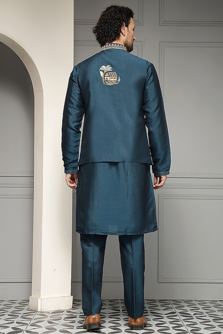 Deep Teal Silk Blend Embroidered Nehru Jacket Set by Soniya G Men at Pernia's Pop Up Shop