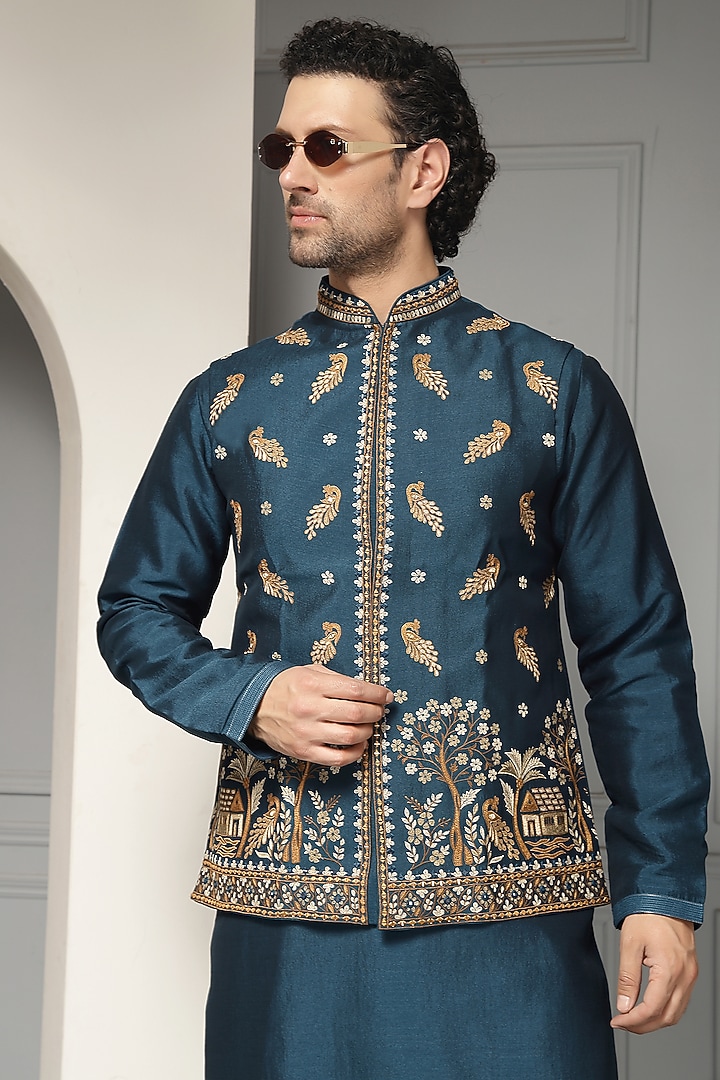 Deep Teal Silk Blend Embroidered Nehru Jacket Set by Soniya G Men at Pernia's Pop Up Shop