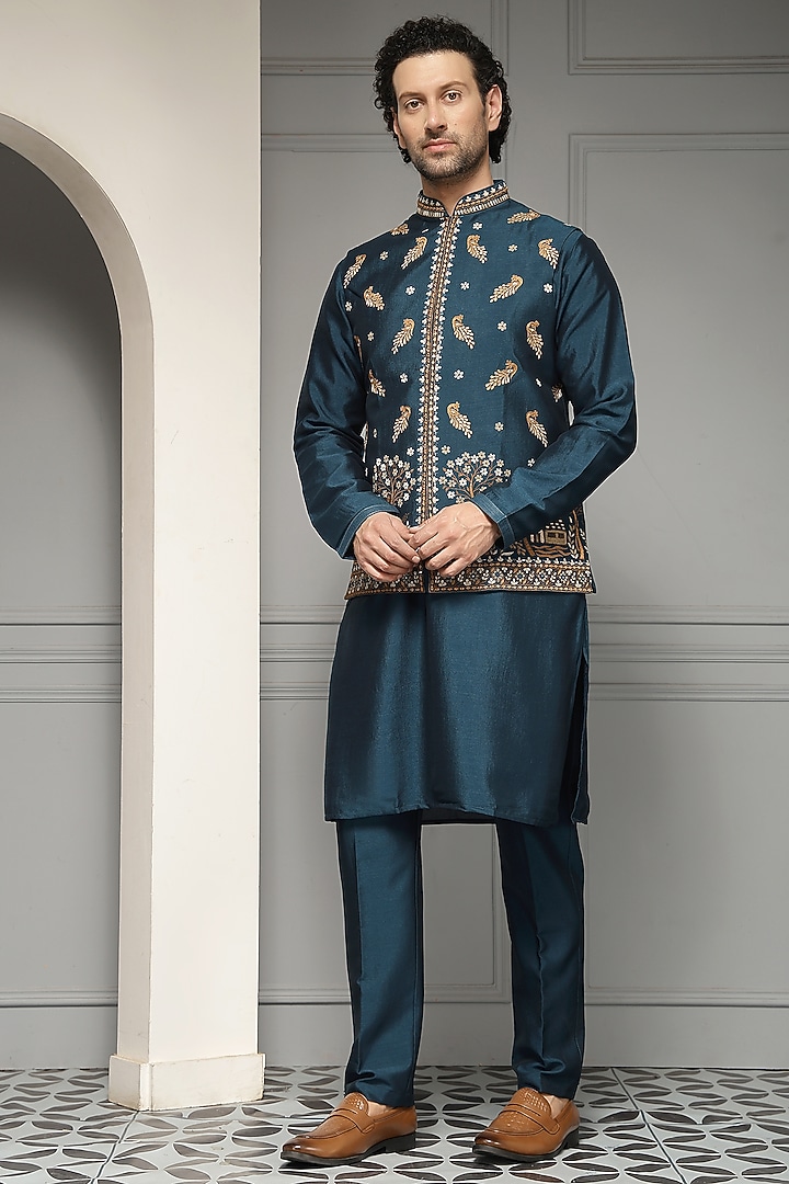 Deep Teal Silk Blend Embroidered Nehru Jacket Set by Soniya G Men at Pernia's Pop Up Shop