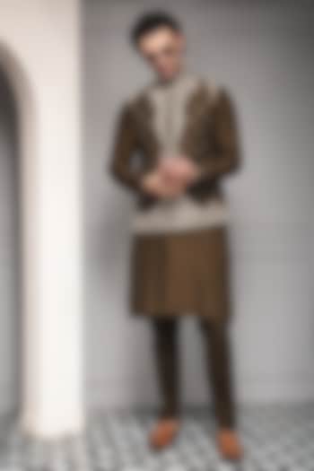 Olive Brown Linen Silk Blend Thread Embroidered Nehru Jacket Set by Soniya G Men at Pernia's Pop Up Shop