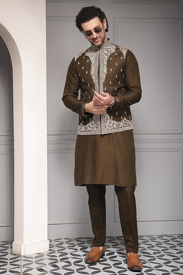 Olive Brown Linen Silk Blend Thread Embroidered Nehru Jacket Set by Soniya G Men at Pernia's Pop Up Shop