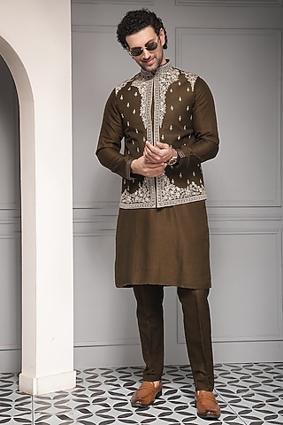 Olive Brown Linen Silk Blend Thread Embroidered Nehru Jacket Set by Soniya G Men