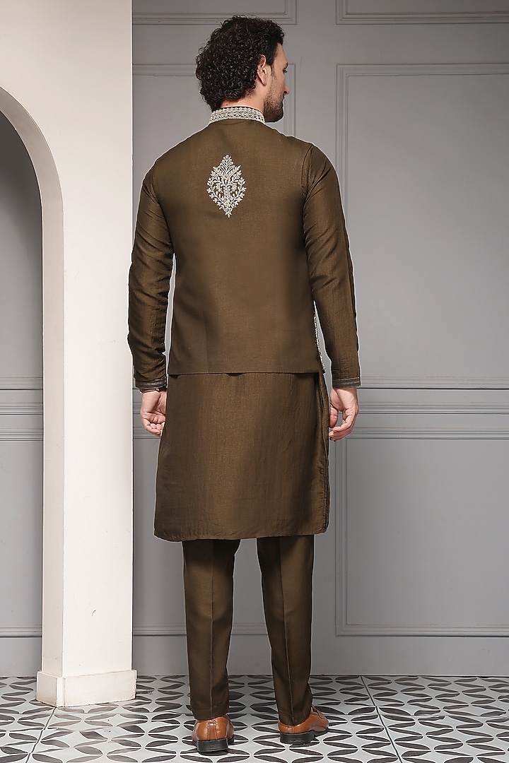 Olive Brown Linen Silk Blend Thread Embroidered Nehru Jacket Set by Soniya G Men at Pernia's Pop Up Shop